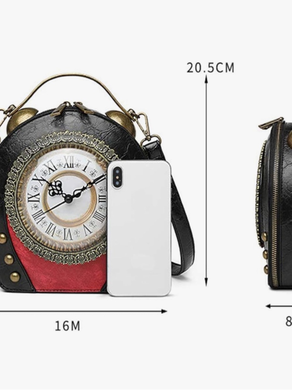 Vintage-Inspired Round Clock Handbag Crossbody purse nwt new in Black and Red - Picture 3 of 3